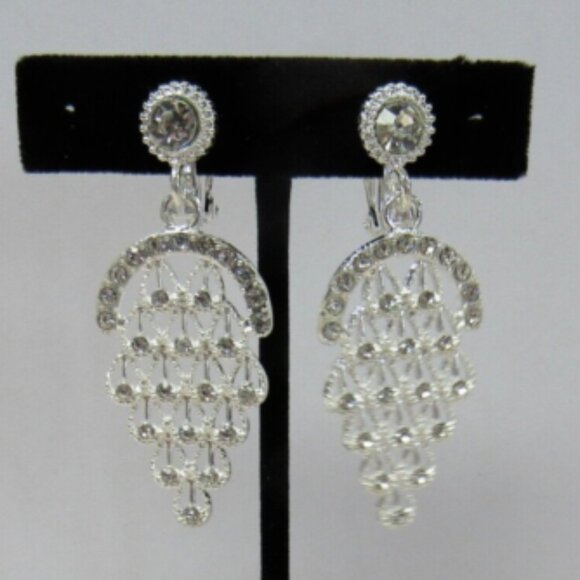 Silver Plated Crystal Dangle Drop Clip-On Earrings - Picture 2 of 3